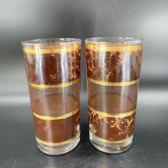 MCM Georges Briard Tortoise Gold Highball Drinking Tumbler Glasses Set 2 Vintage - Picture 11 of 12